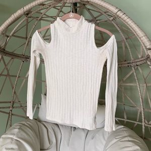 White Turtle Neck Long Sleeve Shoulder Cut Out Ribbed Sweater